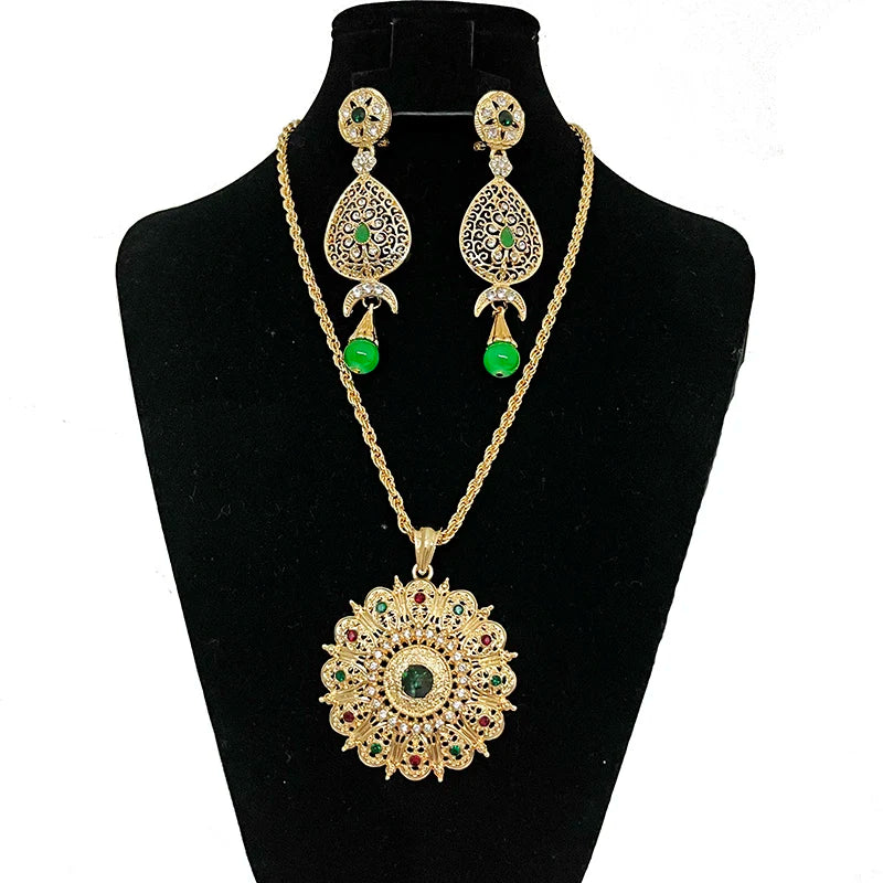 Bridal Green Red Rhinestone Necklace Earring Set