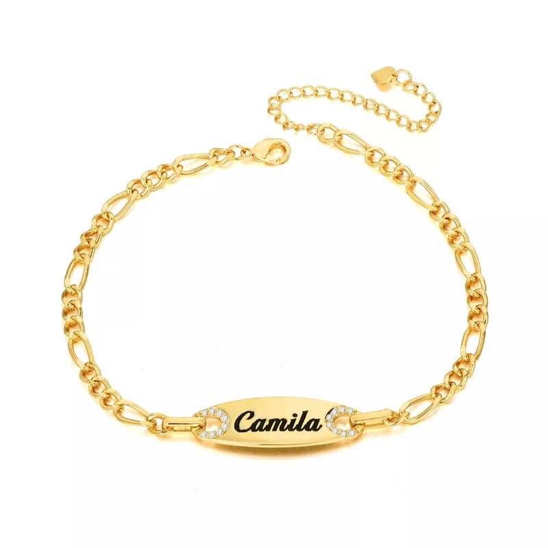 Engraved Name Zircon Bar Bracelet Oval Pendant Laser Engraved Name Bracelet