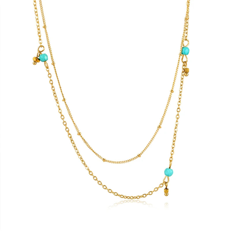 Stainless Steel Green Beads Pendant Choker Chain Necklace