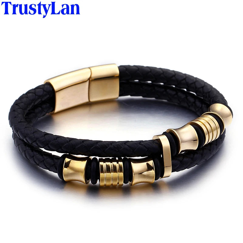 Men's Stainless Steel Leather Bracelet with Magnet Clasp