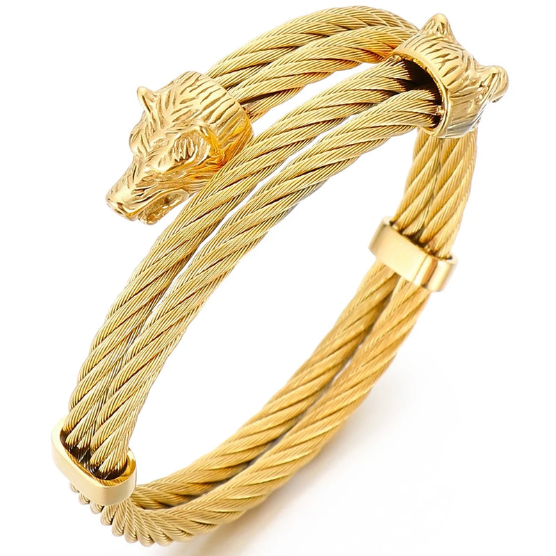 Wolf Head Shape Bangle Stainless Steel Chain Cuff Bracelet for Men