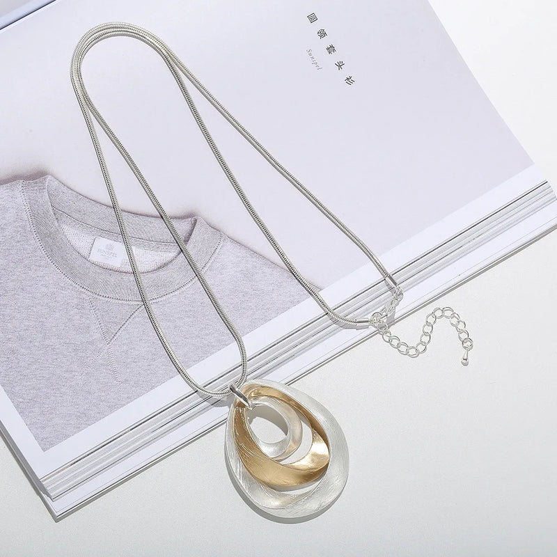 Rose Silver Alloy Long Necklace Punk Oval Metal Pendant Necklaces Women Jewelry