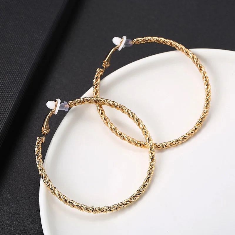 Silver Big Round Hoop Clip Earrings No Hole for Women Twisted Circle