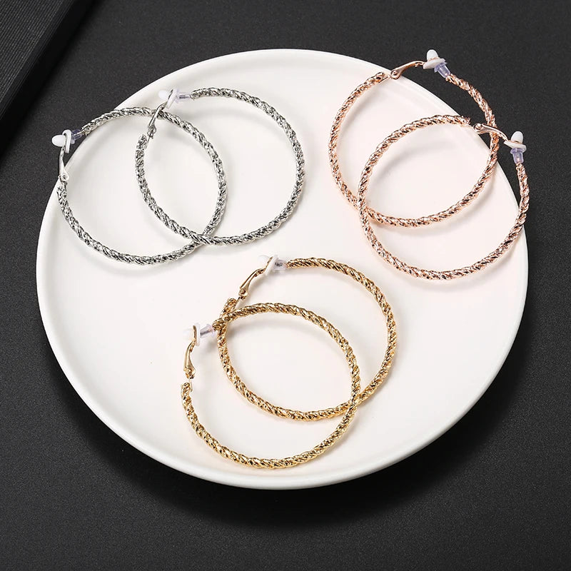 Silver Big Round Hoop Clip Earrings No Hole for Women Twisted Circle