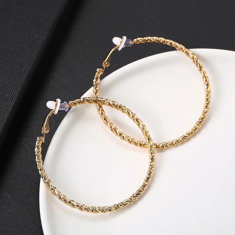 Silver Big Round Hoop Clip Earrings No Hole for Women Twisted Circle