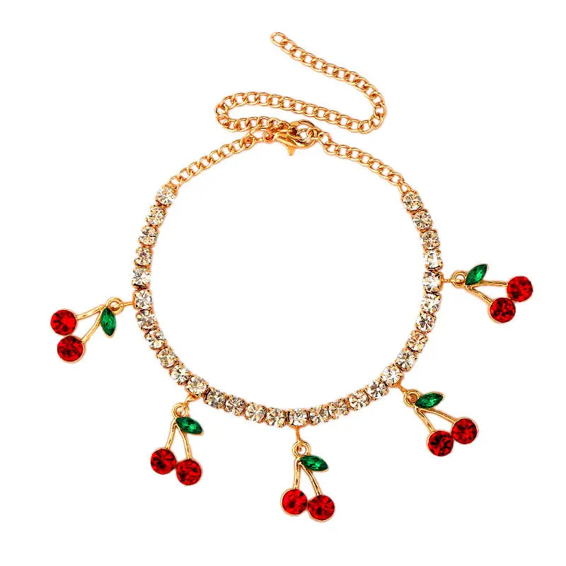 Silver Cherry Rhinestone Anklet Crystal Ankle Bracelet Boho Beach Jewelry