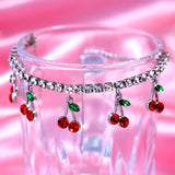 Silver Cherry Rhinestone Anklet Crystal Ankle Bracelet Boho Beach Jewelry