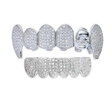 Silver Hip Hop Fang Teeth Caps CZ Top & Bottom Clown Skull Grills Set
