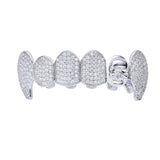 Silver Hip Hop Fang Teeth Caps CZ Top & Bottom Clown Skull Grills Set