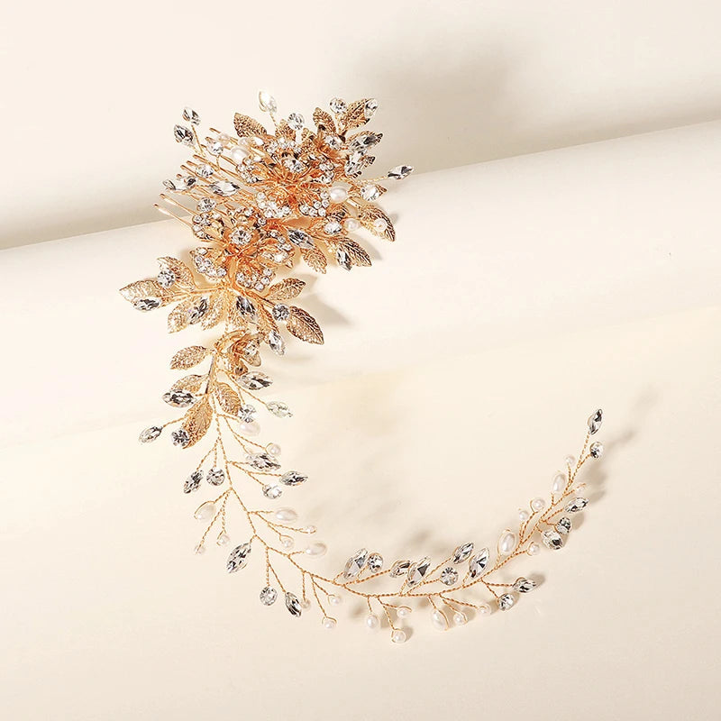 Silver Leaf Bridal Hair Comb Vine Rhinestone Pearl Wedding Headband
