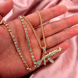 Silver Rhinestone Tennis Choker Necklace with AK47 Gun Pendant