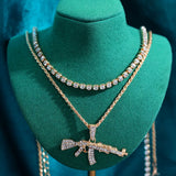 Silver Rhinestone Tennis Choker Necklace with AK47 Gun Pendant