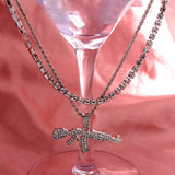 Silver Rhinestone Tennis Choker Necklace with AK47 Gun Pendant