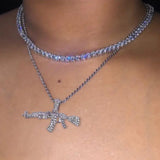 Silver Rhinestone Tennis Choker Necklace with AK47 Gun Pendant