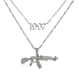 Silver Rhinestone Tennis Choker Necklace with AK47 Gun Pendant