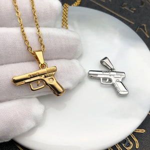 Silver Stainless Steel Pistol Pendant Necklace Chain Submachine Gun Necklaces