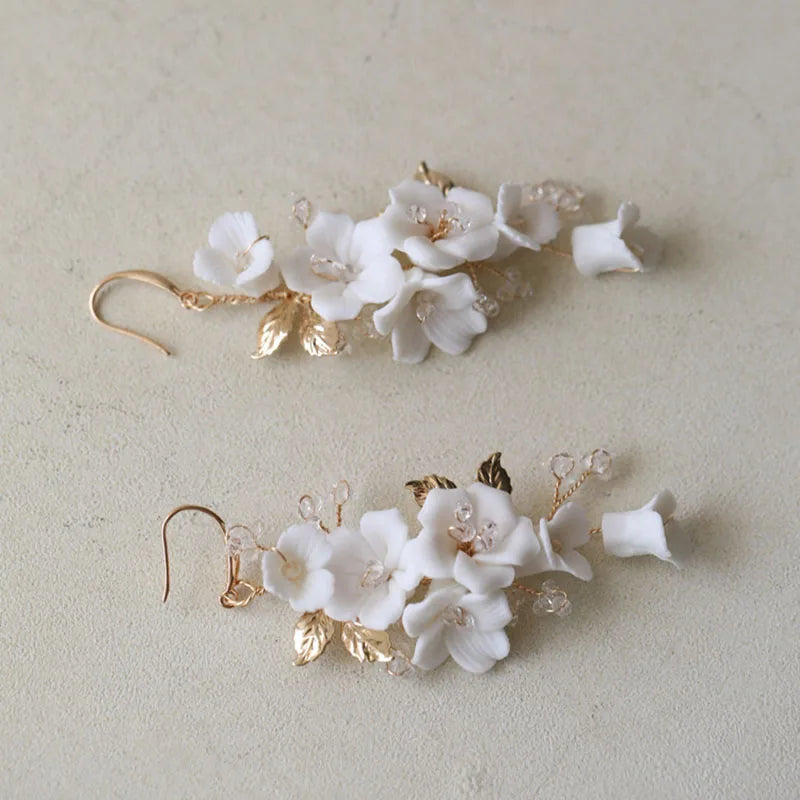 Silver Wedding Earrings Ceramic Floral Bridal Accessories Leaf Drop Earring