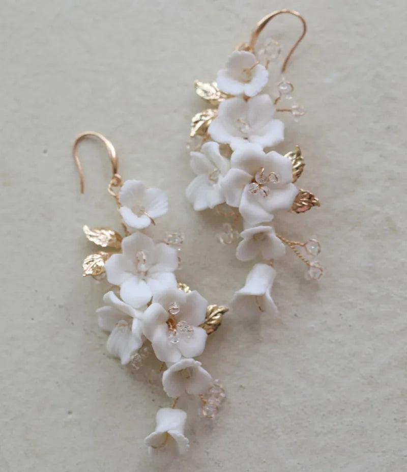 Silver Wedding Earrings Ceramic Floral Bridal Accessories Leaf Drop Earring