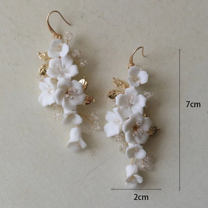 Silver Wedding Earrings Ceramic Floral Bridal Accessories Leaf Drop Earring