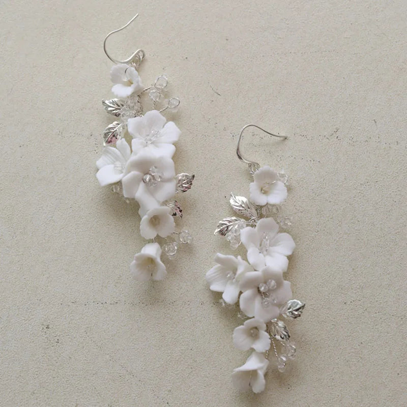 Silver Wedding Earrings Ceramic Floral Bridal Accessories Leaf Drop Earring