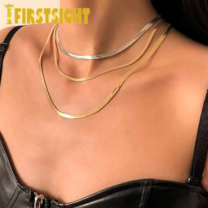 Silver Snake Chain Necklace Flat Herringbone Choker Layered Jewelry
