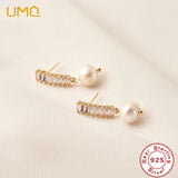 Gold/Silver Zircon Stud Earrings 925 Sterling Silver Pearl Earring