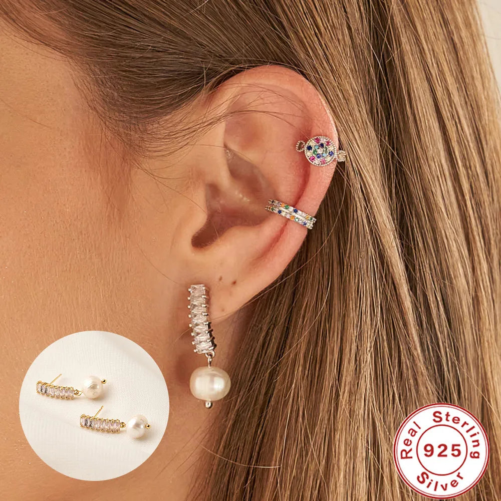 Gold/Silver Zircon Stud Earrings 925 Sterling Silver Pearl Earring