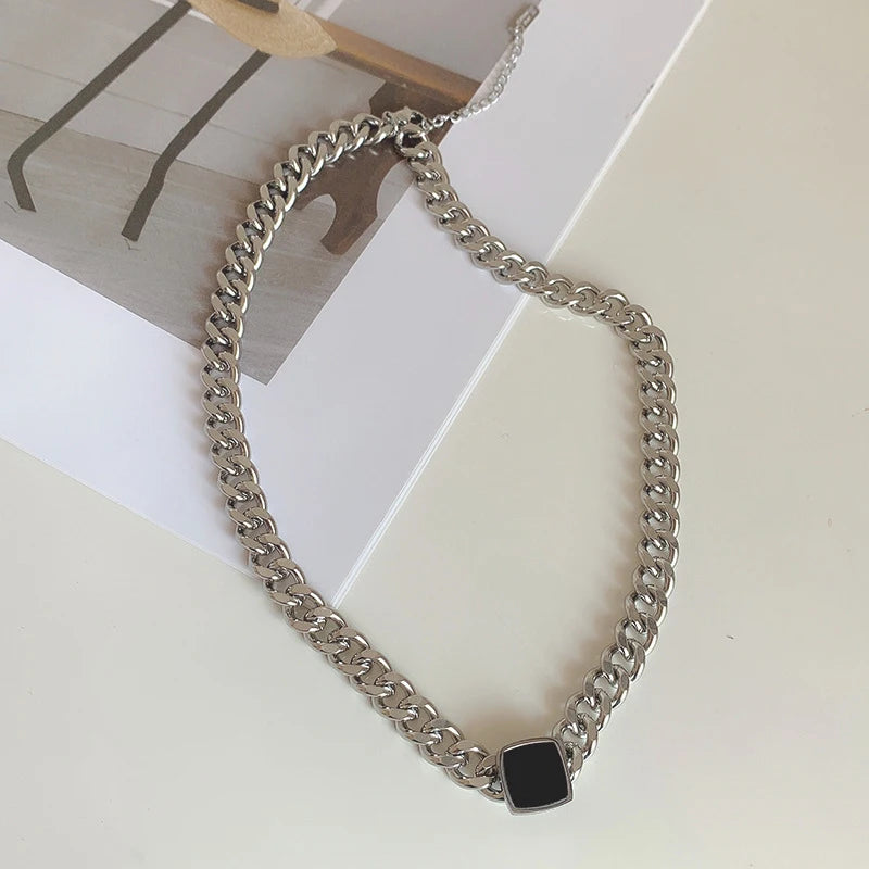 Gold/Silver Thick Chain Square Pendant Necklace for Women Hip-hop