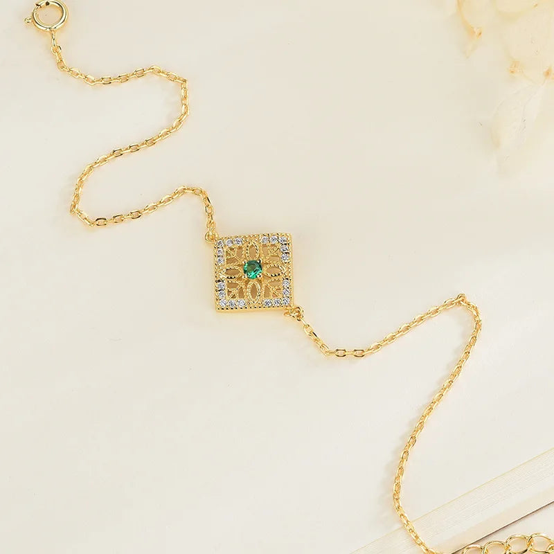 Emerald Silver 925 Bracelet Vintage Chinese Style Gemstone