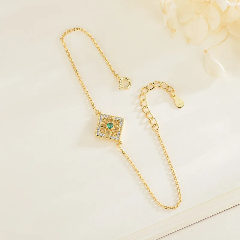 Emerald Silver 925 Bracelet Vintage Chinese Style Gemstone