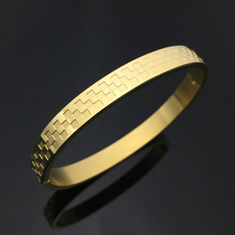 Plaid Stainless Steel Bangle Charm Bracelet for Men Women