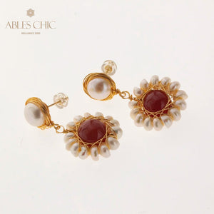 Natural Red Agate Flower Earrings Mother of Pearl Stud Women Jewelry