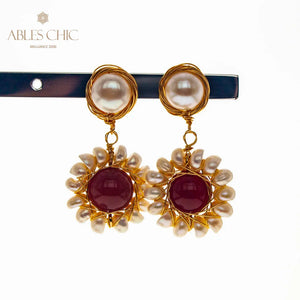 Natural Red Agate Flower Earrings Mother of Pearl Stud Women Jewelry