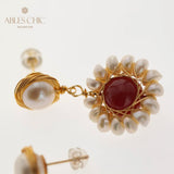 Natural Red Agate Flower Earrings Mother of Pearl Stud Women Jewelry