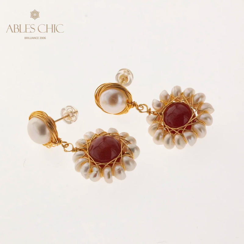 Natural Red Agate Flower Earrings Mother of Pearl Stud Women Jewelry