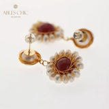 Natural Red Agate Flower Earrings Mother of Pearl Stud Women Jewelry