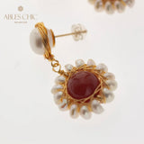 Natural Red Agate Flower Earrings Mother of Pearl Stud Women Jewelry