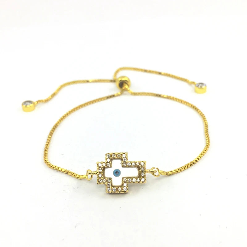 Gold Cross Evil Eye Hamsa Charms Bracelet for Women