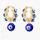 Gold Thick Hoop Earrings with Evil Eye Charm Dangles