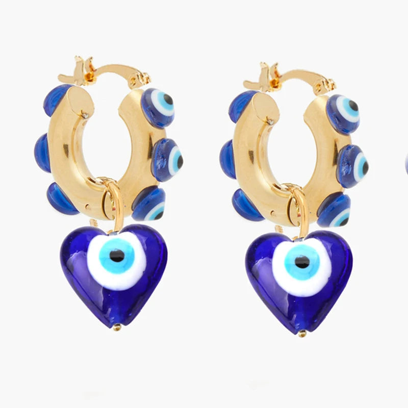 Gold Thick Hoop Earrings with Evil Eye Charm Dangles