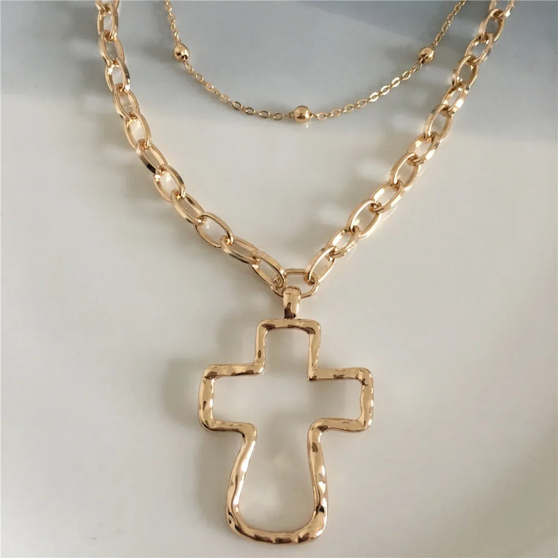 Big Hollow Cross Hammered Layered Necklace for Women