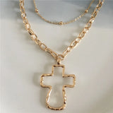 Big Hollow Cross Hammered Layered Necklace for Women