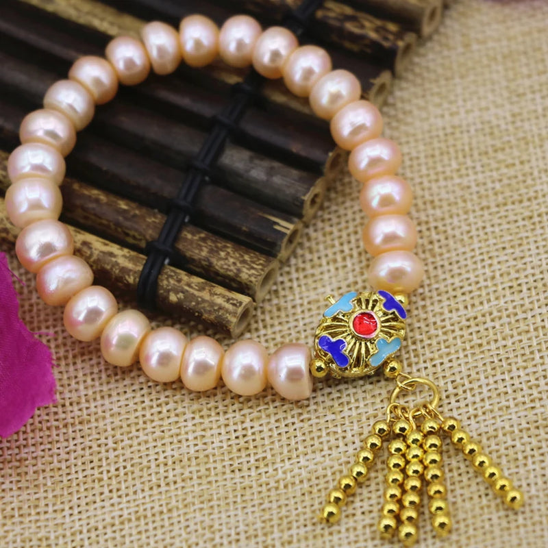Gold-color Tassels Cloisonne 9-10mm Orange Pearl Abacus Beads Bracelet