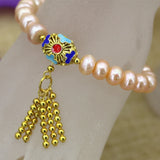 Gold-color Tassels Cloisonne 9-10mm Orange Pearl Abacus Beads Bracelet