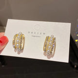 Pearl C Stud Earrings Rhinestone Hook Studs