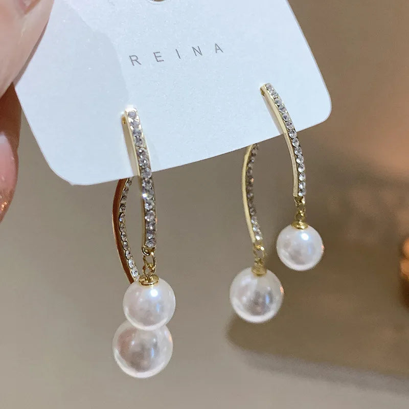 Pearl C Stud Earrings Rhinestone Hook Studs