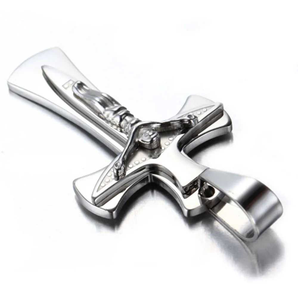 Silver Cross Pendant Necklace Stainless Steel Jewelry for Couples