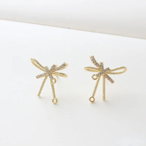 14K Gold-Plated Zircon Bow Silver Needle Earrings DIY Material