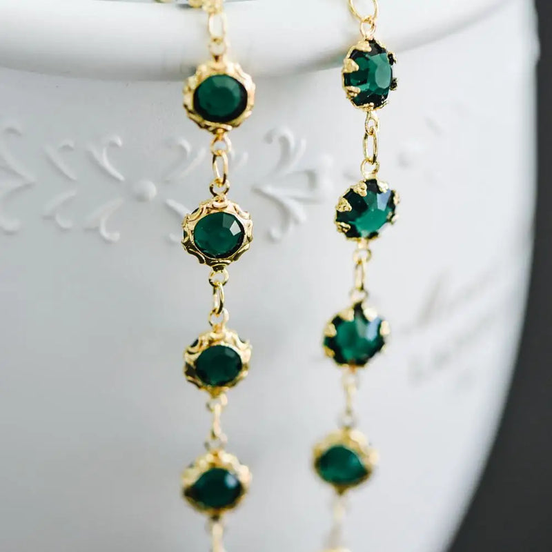 Brass Crystal Beaded Chains, Green Flat Coin Beads, DIY Jewelry (#LK-183-2)
