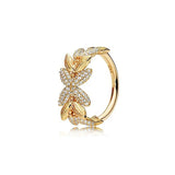 925 Sterling Silver Ginkgo Leaf Crown Butterfly Water Drop Ring